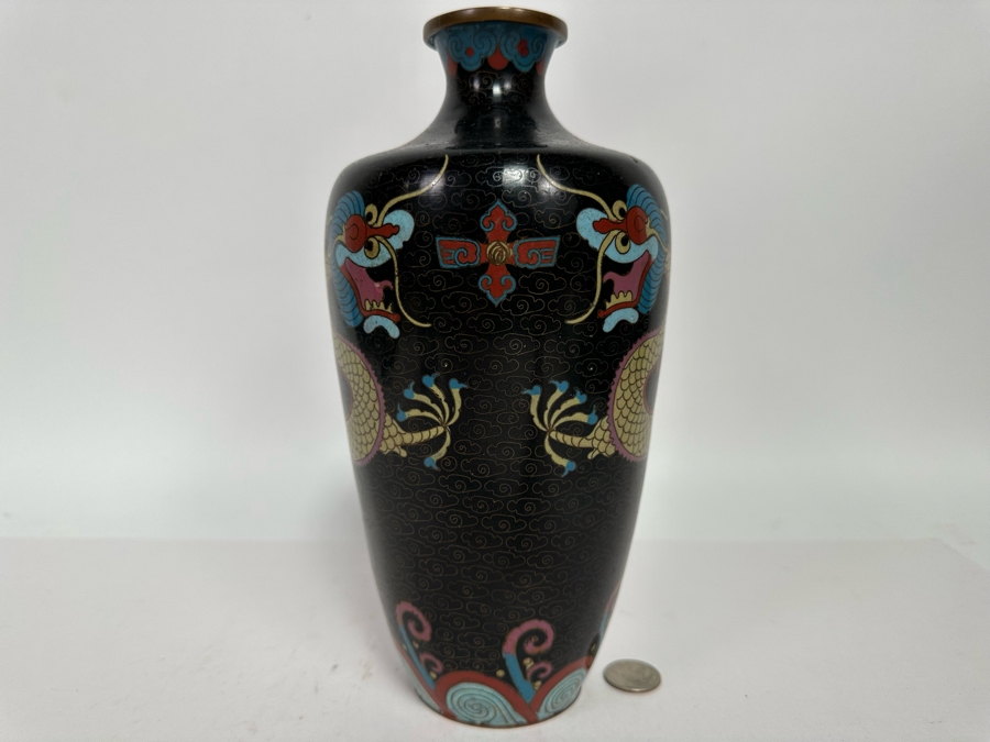 Antique Chinese 19th Century Cloisonne Vase Featuring Pair Of Dragons Framing Pearl 10.5H [Photo 21]