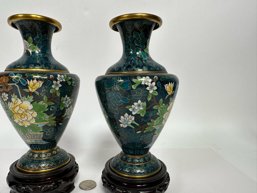 Pair Of Vintage Chinese Cloisonne Vases With Wooden Stands 7H [Photo 9]