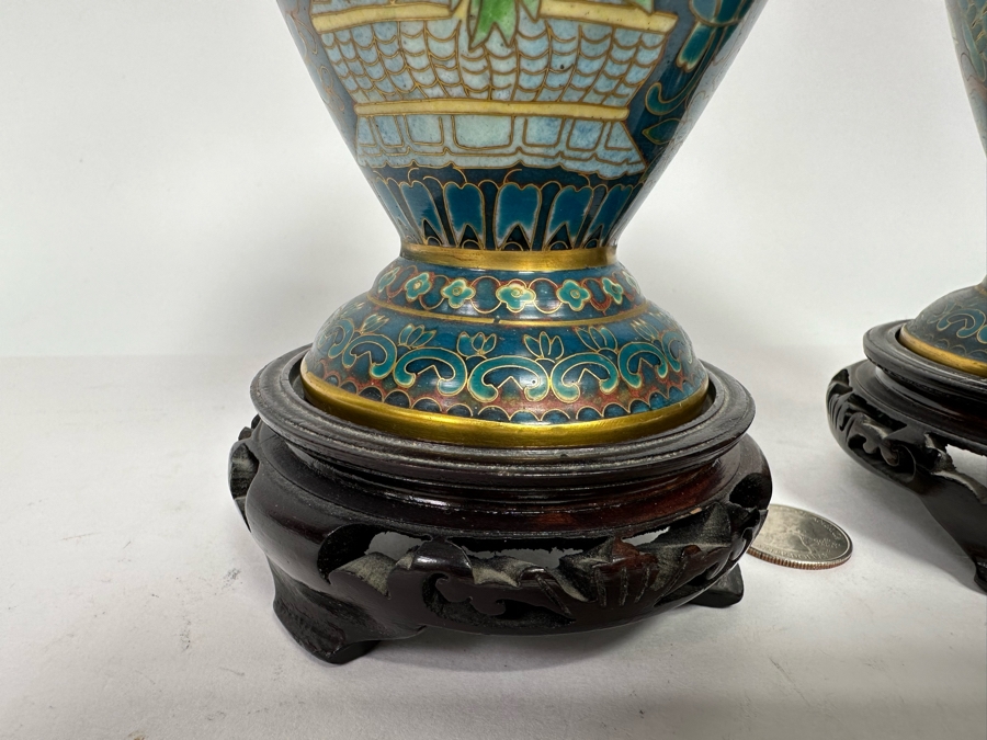 Pair Of Vintage Chinese Cloisonne Vases With Wooden Stands 7H [Photo 5]