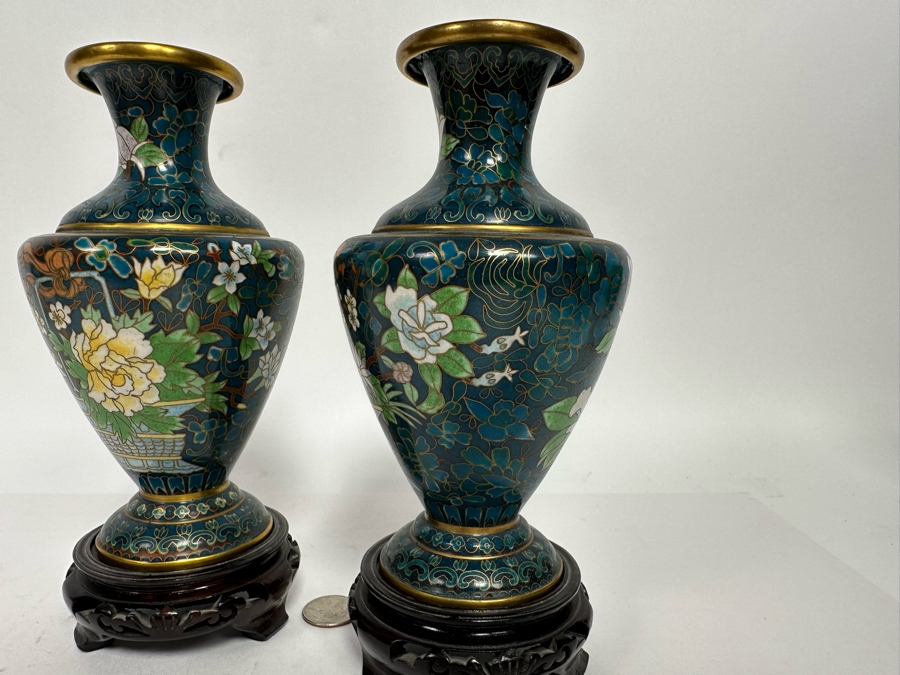 Pair Of Vintage Chinese Cloisonne Vases With Wooden Stands 7H [Photo 11]