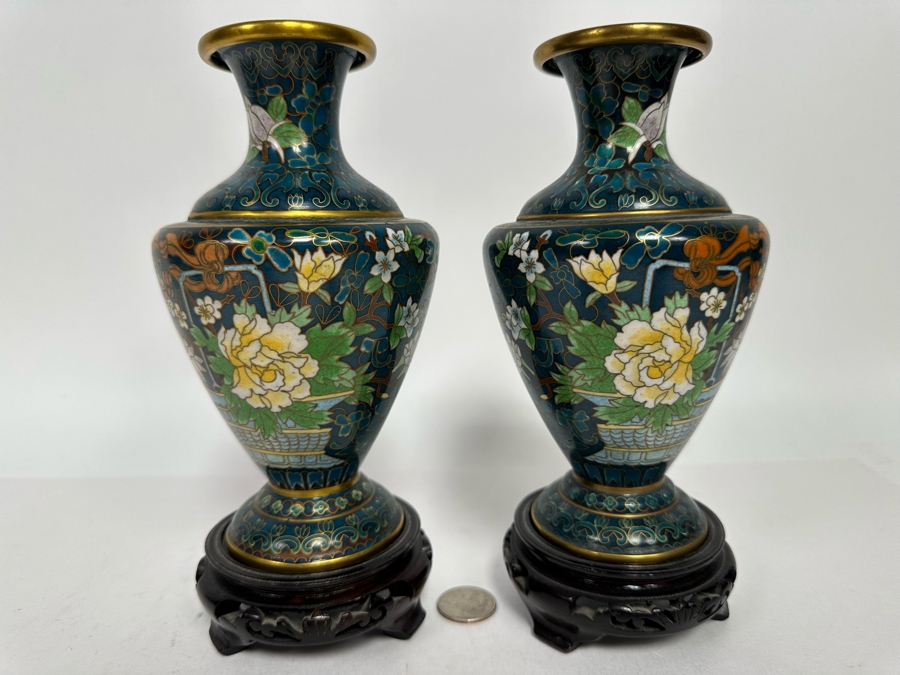 Pair Of Vintage Chinese Cloisonne Vases With Wooden Stands 7H [Photo 3]
