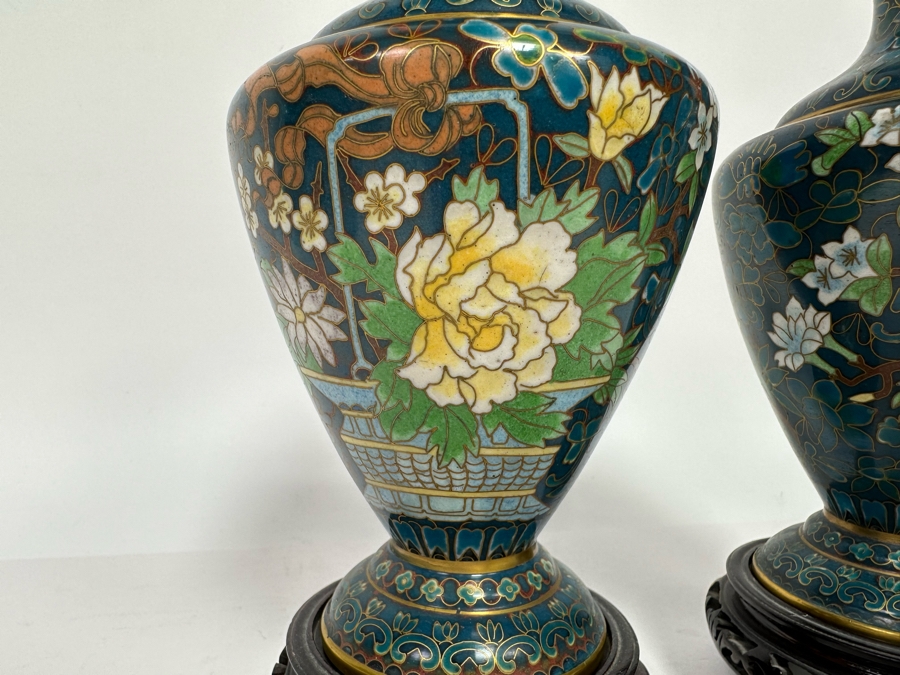 Pair Of Vintage Chinese Cloisonne Vases With Wooden Stands 7H [Photo 4]