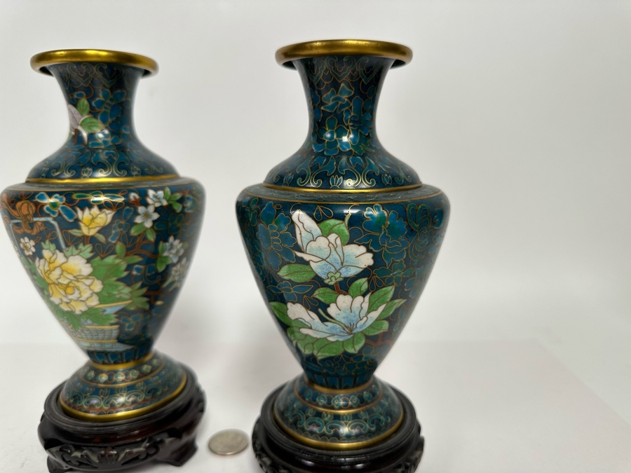 Pair Of Vintage Chinese Cloisonne Vases With Wooden Stands 7H [Photo 10]
