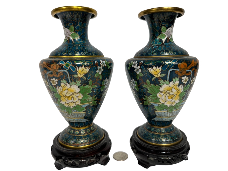 Pair Of Vintage Chinese Cloisonne Vases With Wooden Stands 7H [Photo 1]