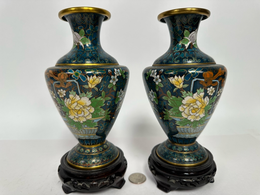 Pair Of Vintage Chinese Cloisonne Vases With Wooden Stands 7H [Photo 2]