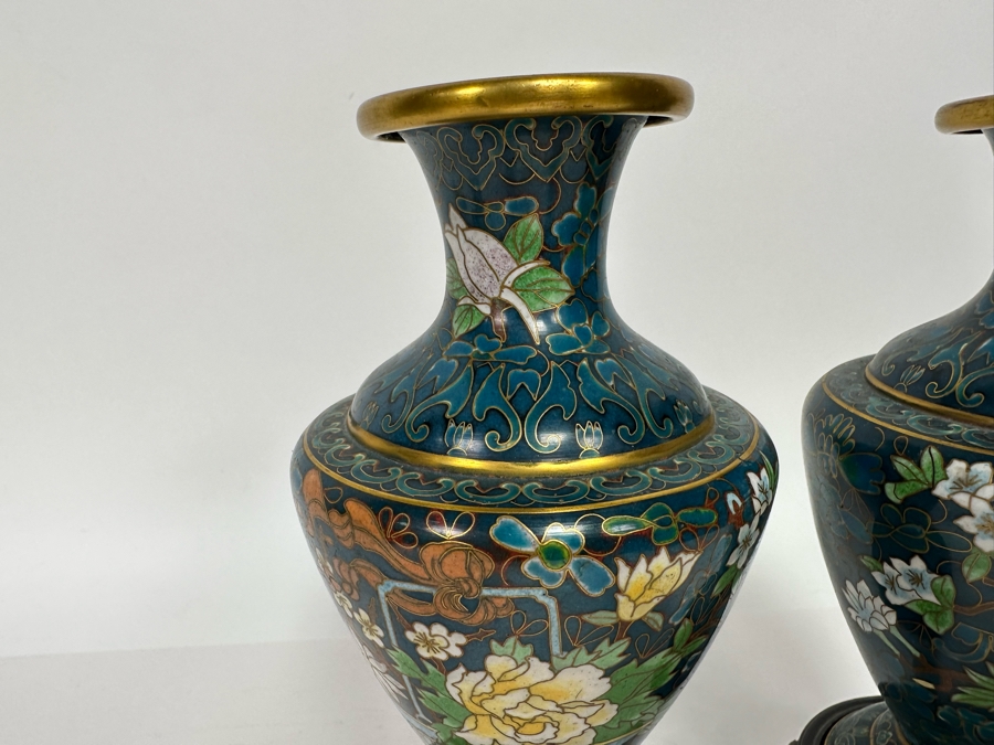 Pair Of Vintage Chinese Cloisonne Vases With Wooden Stands 7H [Photo 6]