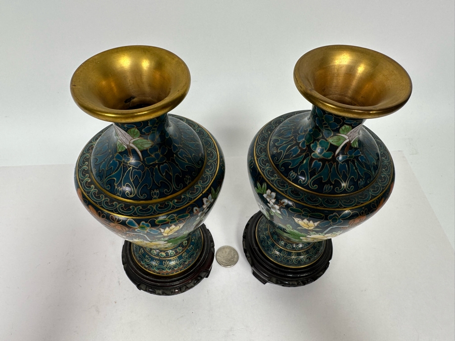 Pair Of Vintage Chinese Cloisonne Vases With Wooden Stands 7H [Photo 8]