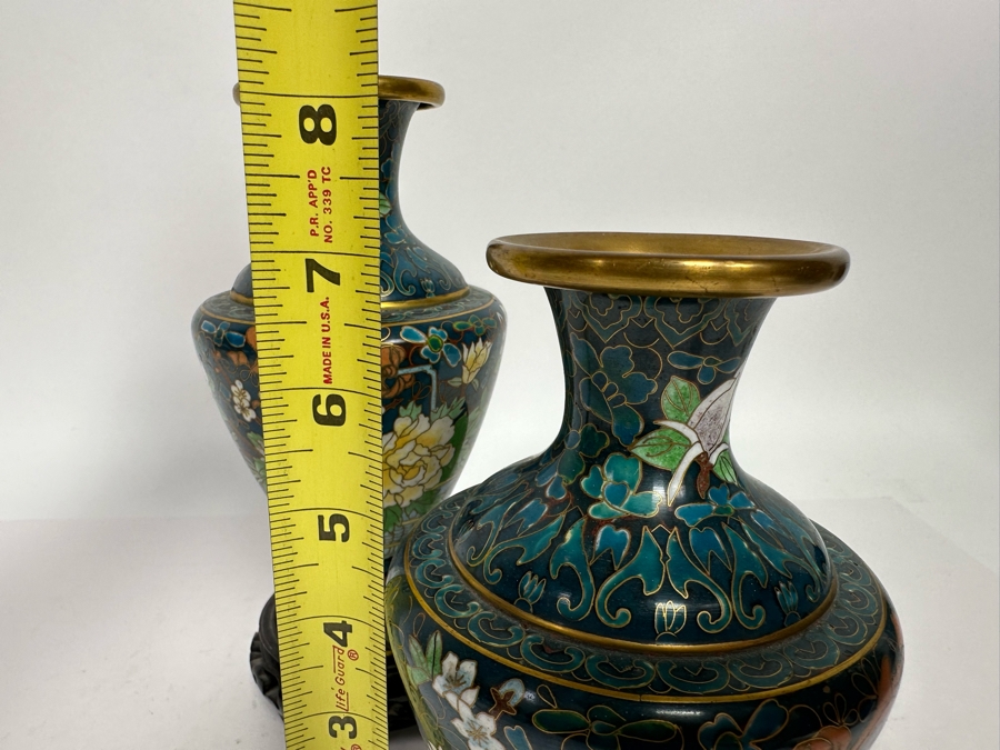 Pair Of Vintage Chinese Cloisonne Vases With Wooden Stands 7H [Photo 13]