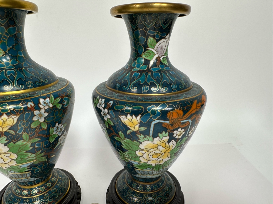 Pair Of Vintage Chinese Cloisonne Vases With Wooden Stands 7H [Photo 7]
