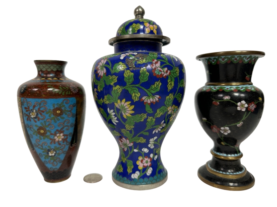 Pair Of Vintage Chinese Vases And Vintage Chinese Cloisonne Jar With Lid 6H - 8.5H [Photo 1]