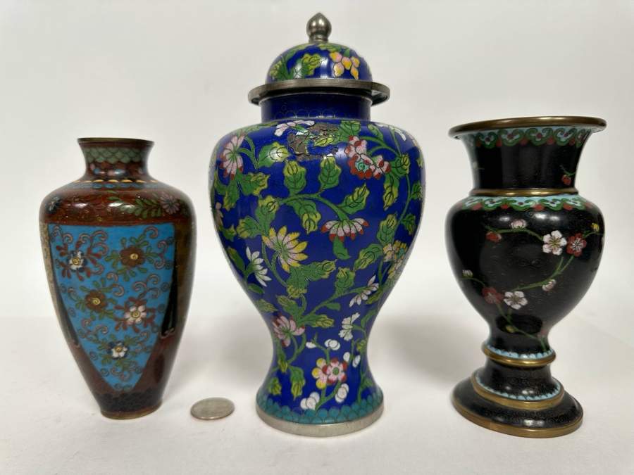 Pair Of Vintage Chinese Vases And Vintage Chinese Cloisonne Jar With Lid 6H - 8.5H [Photo 3]