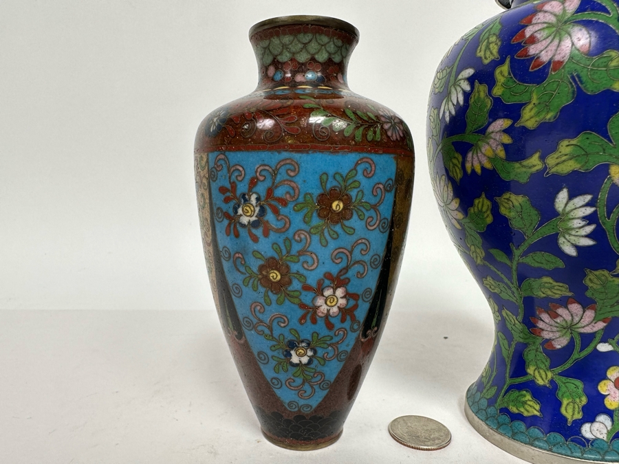 Pair Of Vintage Chinese Vases And Vintage Chinese Cloisonne Jar With Lid 6H - 8.5H [Photo 5]