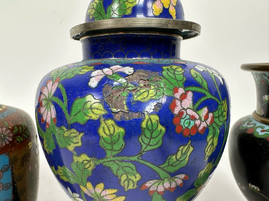 Pair Of Vintage Chinese Vases And Vintage Chinese Cloisonne Jar With Lid 6H - 8.5H [Photo 4]