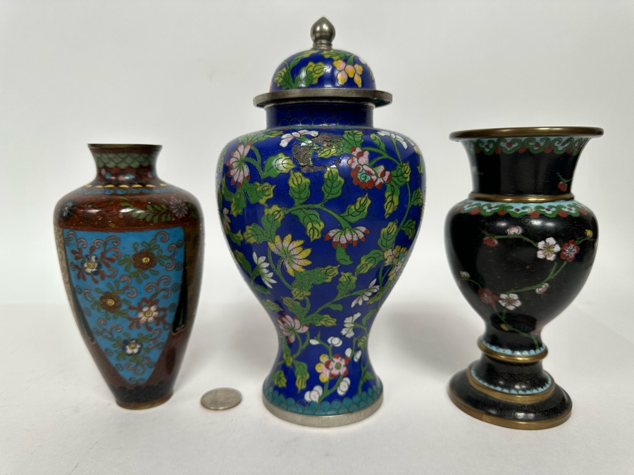 Pair Of Vintage Chinese Vases And Vintage Chinese Cloisonne Jar With Lid 6H - 8.5H [Photo 2]