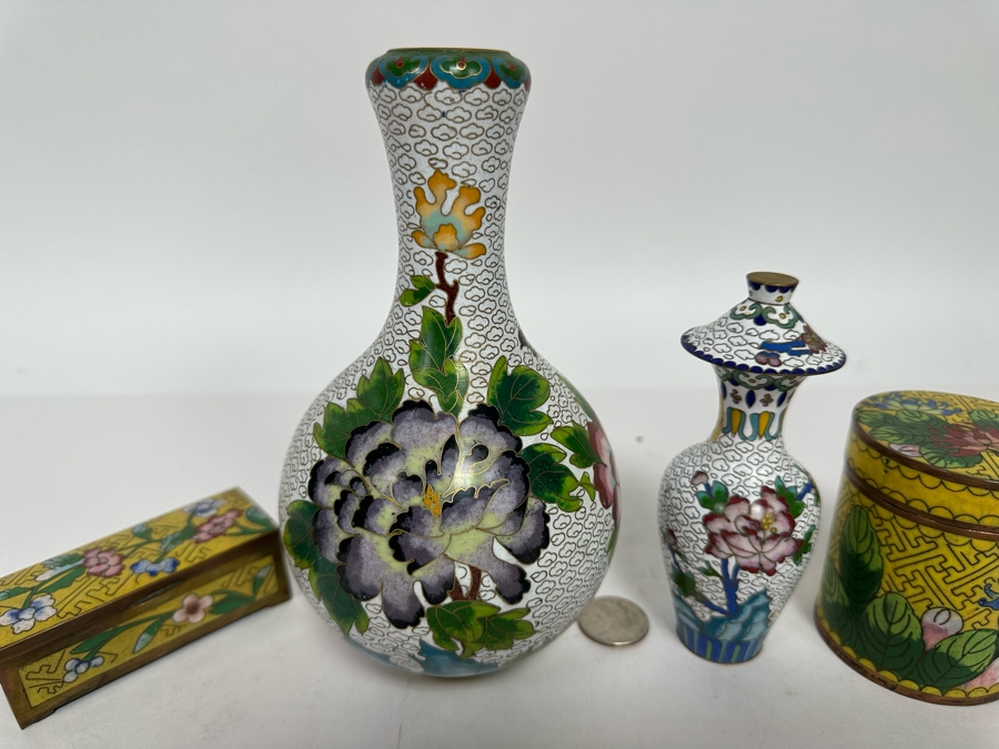 Vintage Chinese Cloisonne Vases And Boxes [Photo 20]