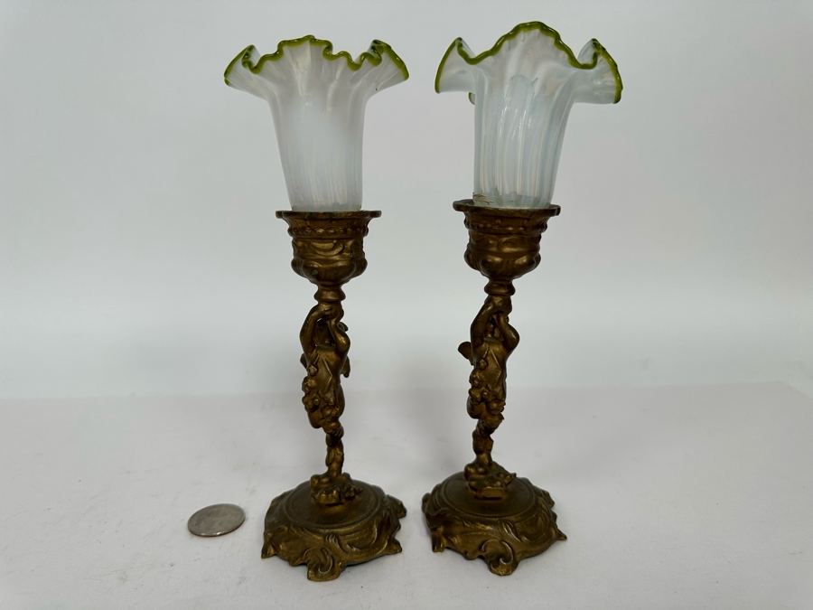 Antique Gilt Cherub Candle Holders With Handblown Glass 7.5H [Photo 9]
