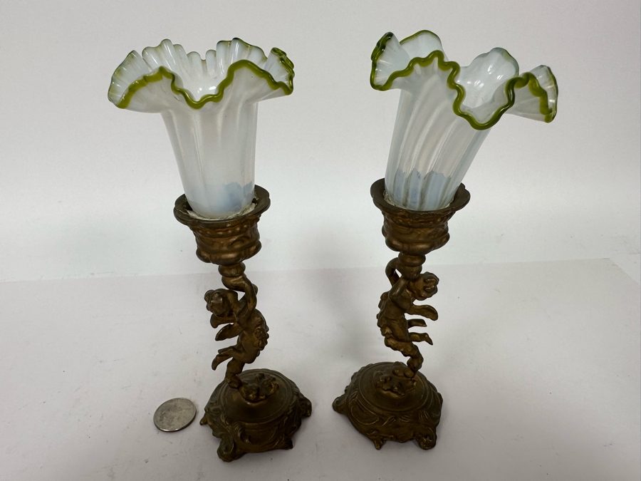 Antique Gilt Cherub Candle Holders With Handblown Glass 7.5H [Photo 4]