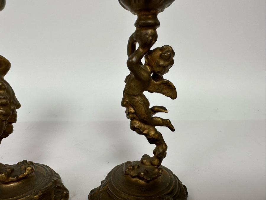 Antique Gilt Cherub Candle Holders With Handblown Glass 7.5H [Photo 7]