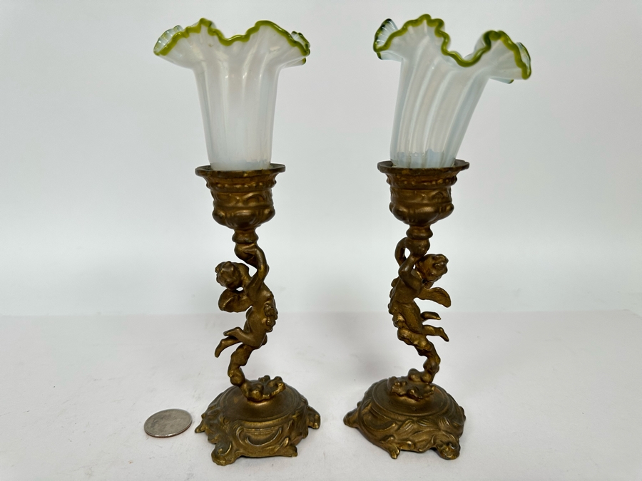 Antique Gilt Cherub Candle Holders With Handblown Glass 7.5H [Photo 3]