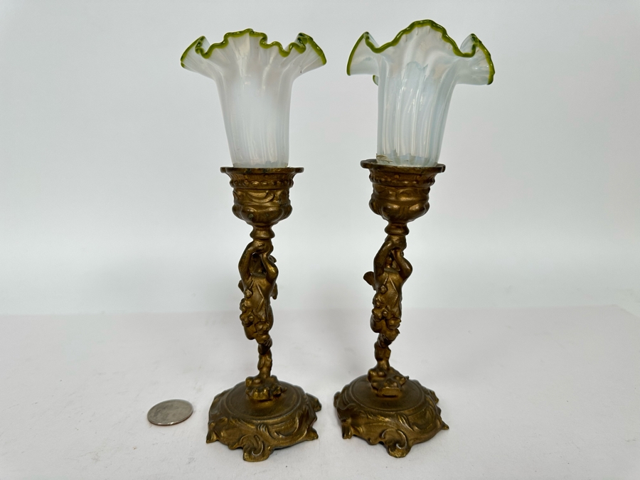 Antique Gilt Cherub Candle Holders With Handblown Glass 7.5H [Photo 10]