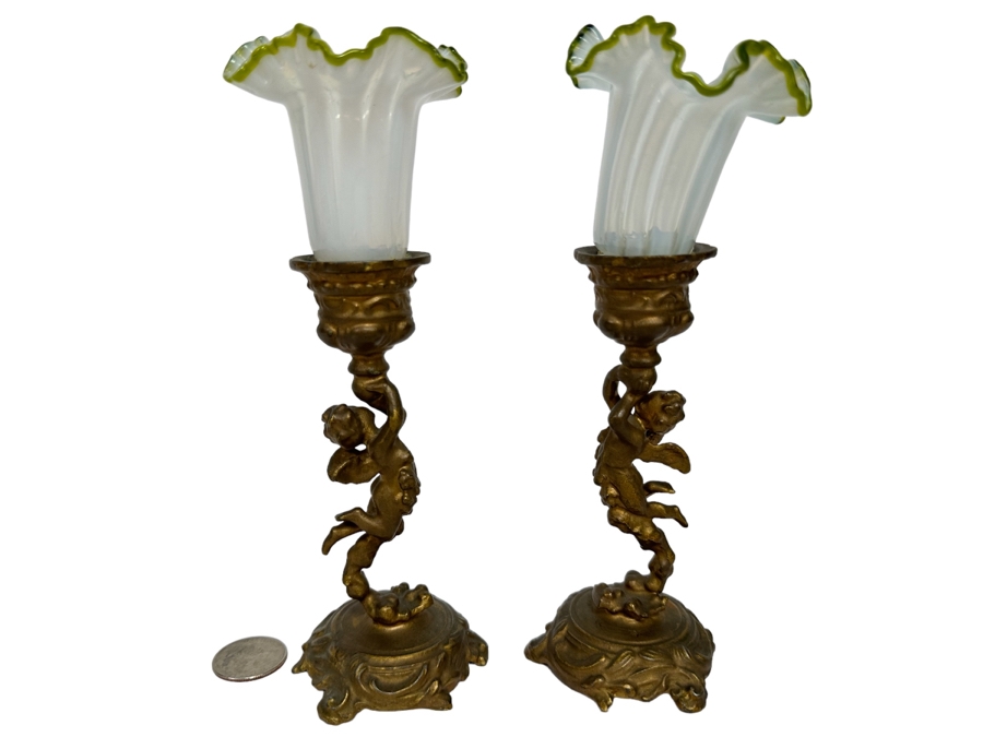 Antique Gilt Cherub Candle Holders With Handblown Glass 7.5H [Photo 1]