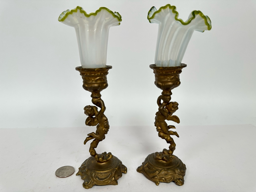 Antique Gilt Cherub Candle Holders With Handblown Glass 7.5H [Photo 2]