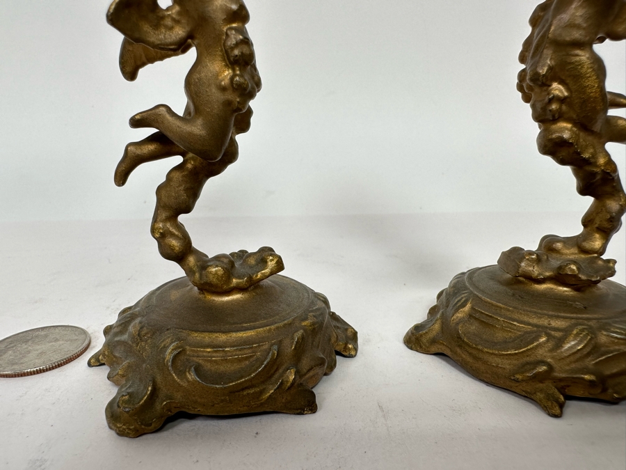 Antique Gilt Cherub Candle Holders With Handblown Glass 7.5H [Photo 8]