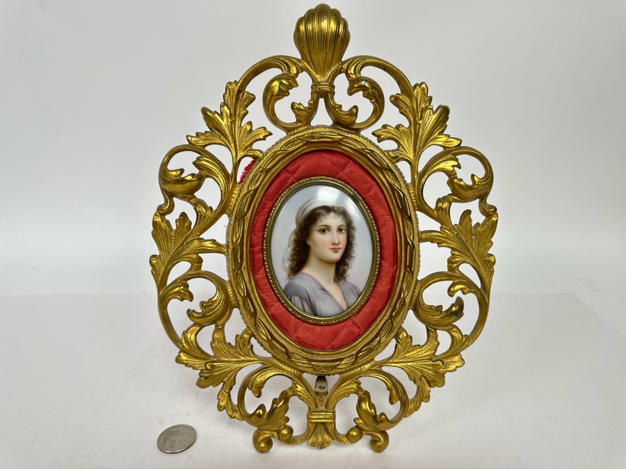 Antique Hand Painted Porcelain Miniature Portrait In Gilt Frame 8 X 10.5 [Photo 3]