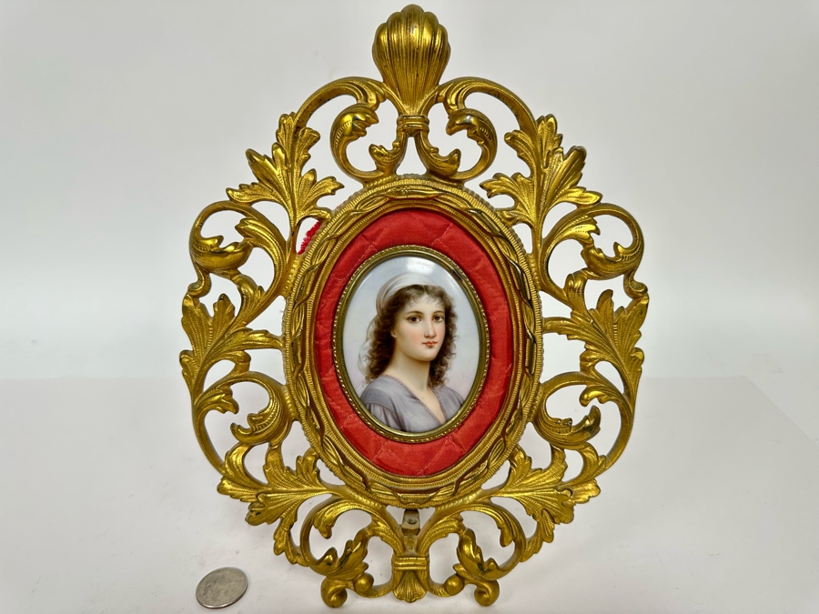Antique Hand Painted Porcelain Miniature Portrait In Gilt Frame 8 X 10.5 [Photo 2]