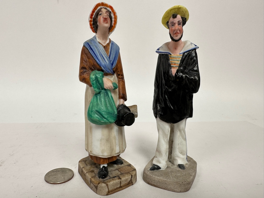Pair Of Antique French Figurines: English Hat Mender Made In France About 1800 And Woman 5.25H [Photo 3]