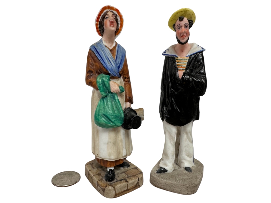 Pair Of Antique French Figurines: English Hat Mender Made In France About 1800 And Woman 5.25H [Photo 1]
