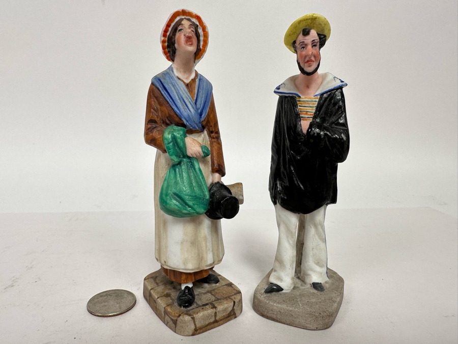 Pair Of Antique French Figurines: English Hat Mender Made In France About 1800 And Woman 5.25H [Photo 2]