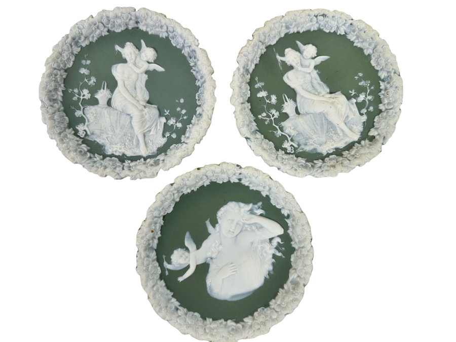 Three Antique Shafer & Vater Jasperware Cherub And Lady Wall Plaques 6R [Photo 1]