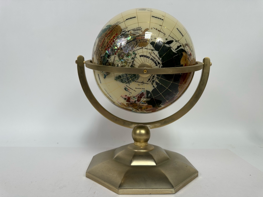Inlaid Semi-Precious Stone Desk Globe 12W X 15H
