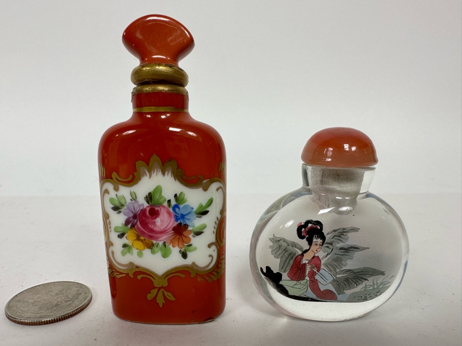 Vintage Hand Painted Dresden Saxony Scent Bottle And Reverse Painted Glass Snuff Bottle 3H And 2H [Photo 3]