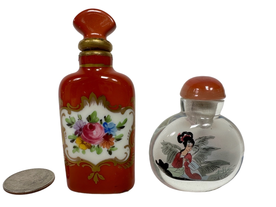 Vintage Hand Painted Dresden Saxony Scent Bottle And Reverse Painted Glass Snuff Bottle 3H And 2H [Photo 1]