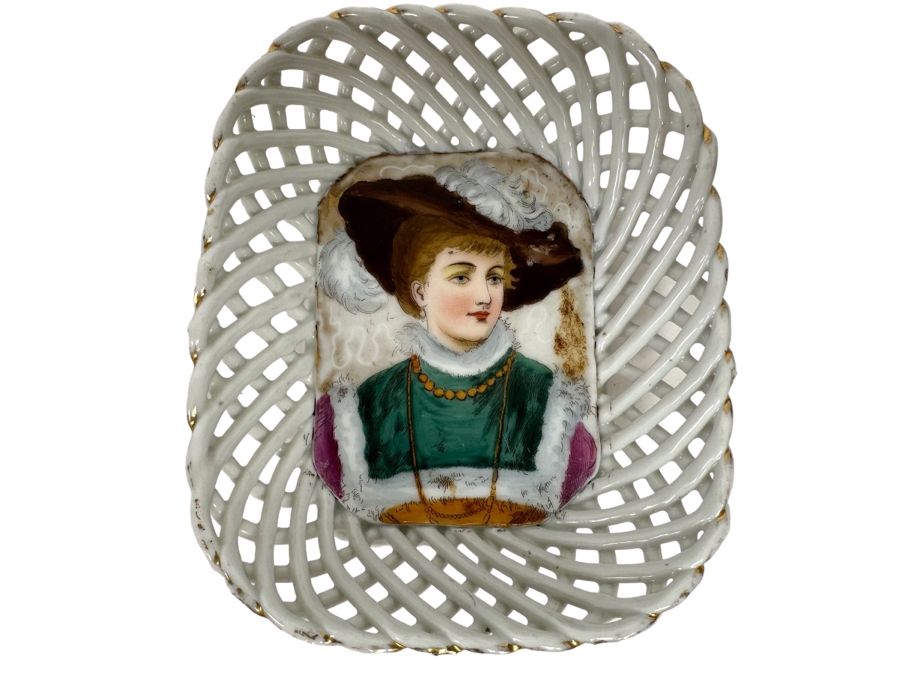 Vintage Hand Painted Portrait Woven Porcelain Trinket Dish Bowl 4W X 5H [Photo 1]