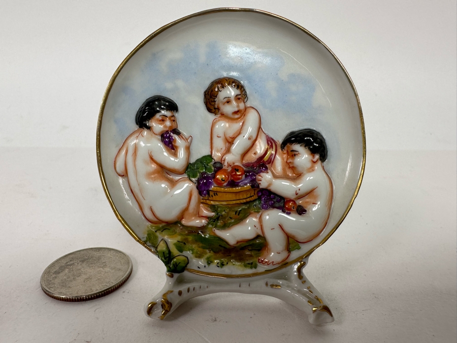 Antique Dresden Capodimonte Miniature Hand Painted Porcelain Plaque With Applied Stand 2.75W X 2.75H [Photo 3]