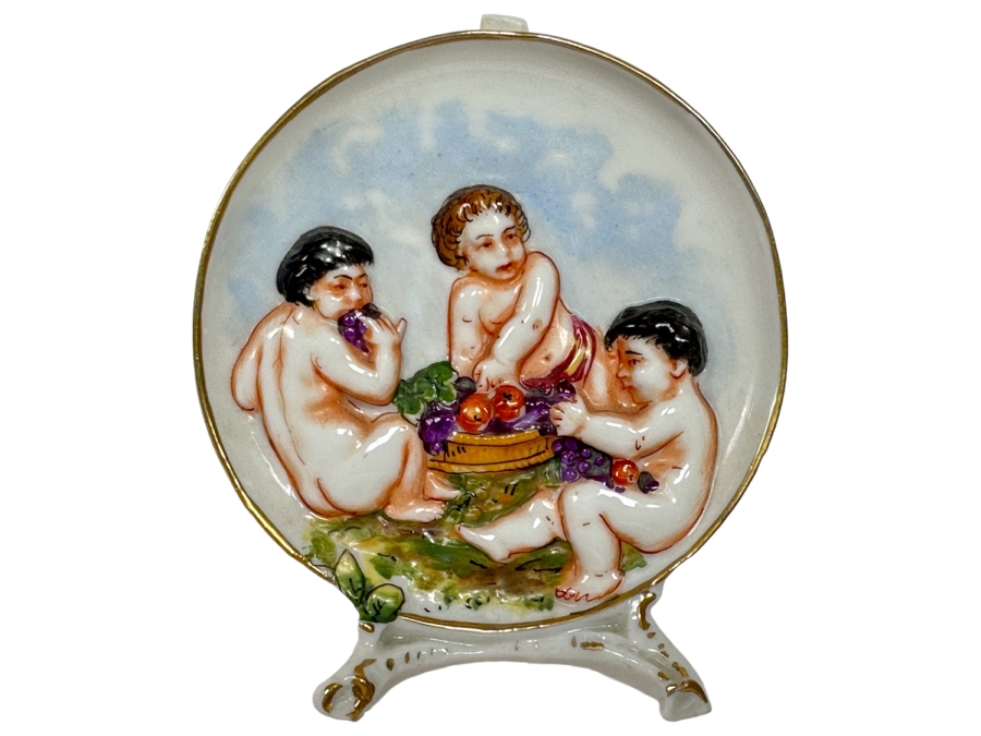 Antique Dresden Capodimonte Miniature Hand Painted Porcelain Plaque With Applied Stand 2.75W X 2.75H