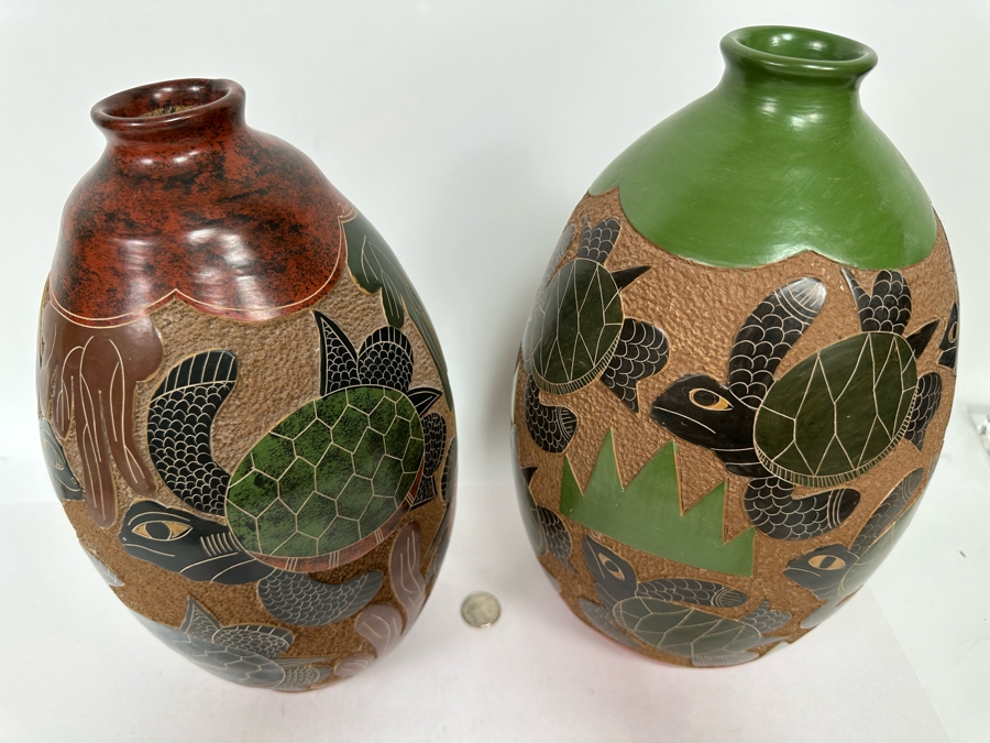 Pair Of Vintage Nicaraguan Sea Turtle Art Pottery Vases 12.5H [Photo 7]