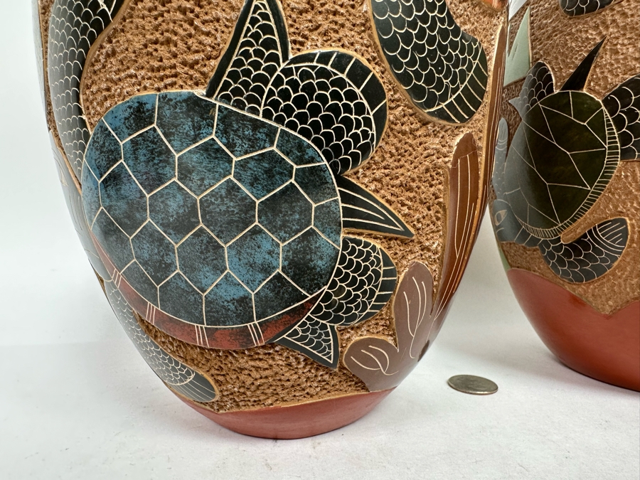Pair Of Vintage Nicaraguan Sea Turtle Art Pottery Vases 12.5H [Photo 5]