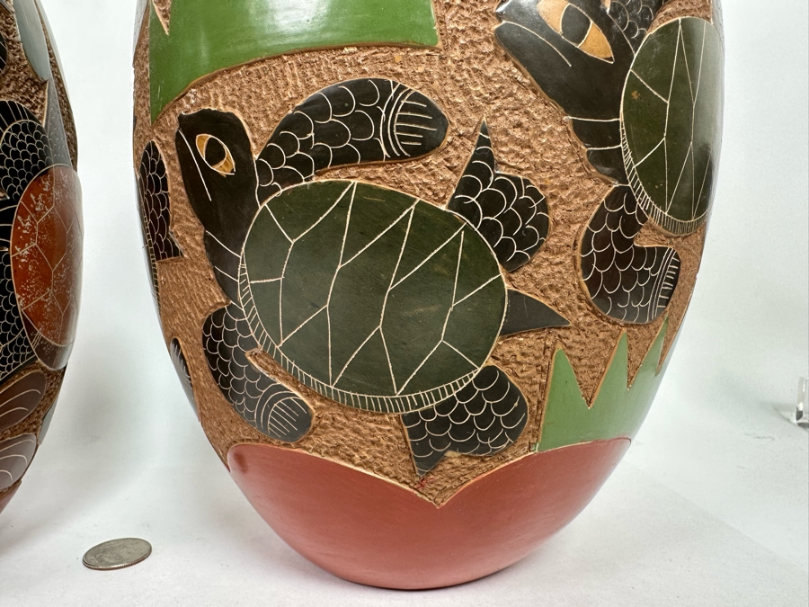 Pair Of Vintage Nicaraguan Sea Turtle Art Pottery Vases 12.5H [Photo 6]