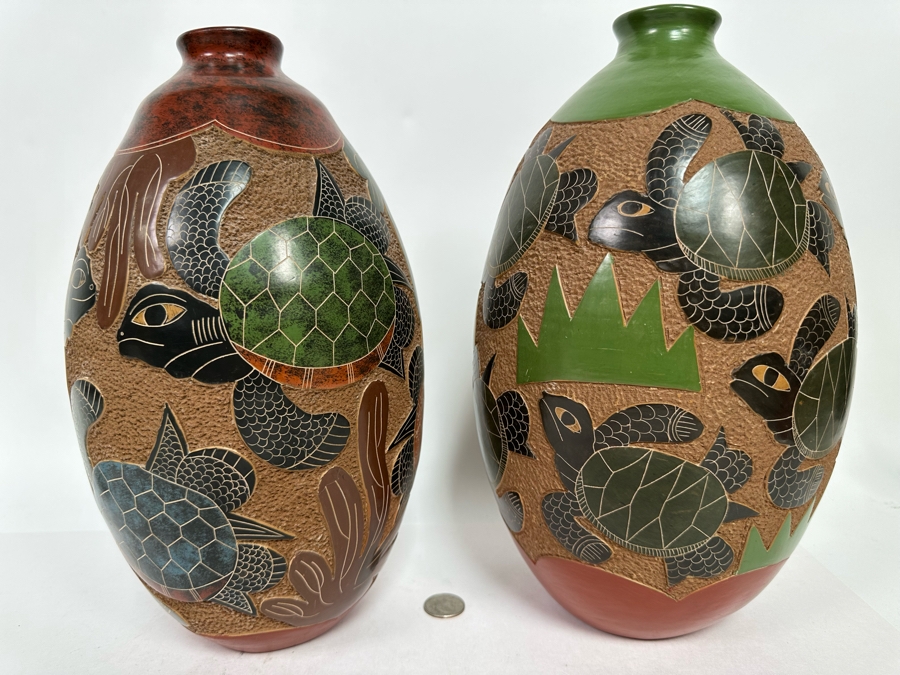 Pair Of Vintage Nicaraguan Sea Turtle Art Pottery Vases 12.5H [Photo 2]