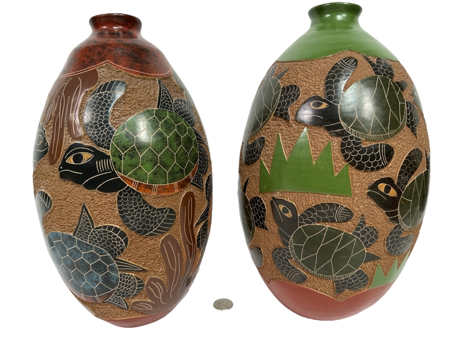 Pair Of Vintage Nicaraguan Sea Turtle Art Pottery Vases 12.5H [Photo 1]