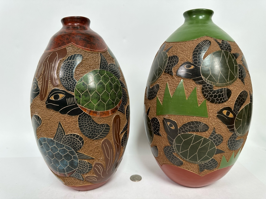 Pair Of Vintage Nicaraguan Sea Turtle Art Pottery Vases 12.5H [Photo 3]