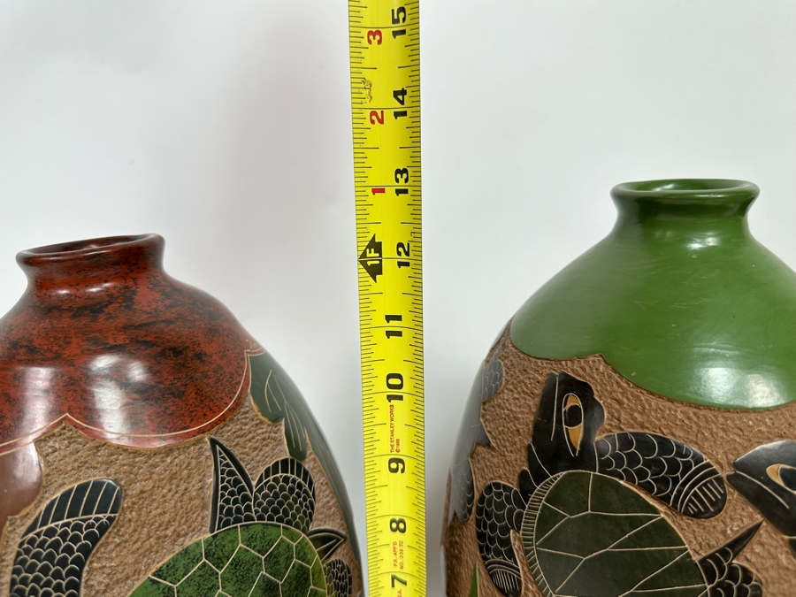Pair Of Vintage Nicaraguan Sea Turtle Art Pottery Vases 12.5H [Photo 8]