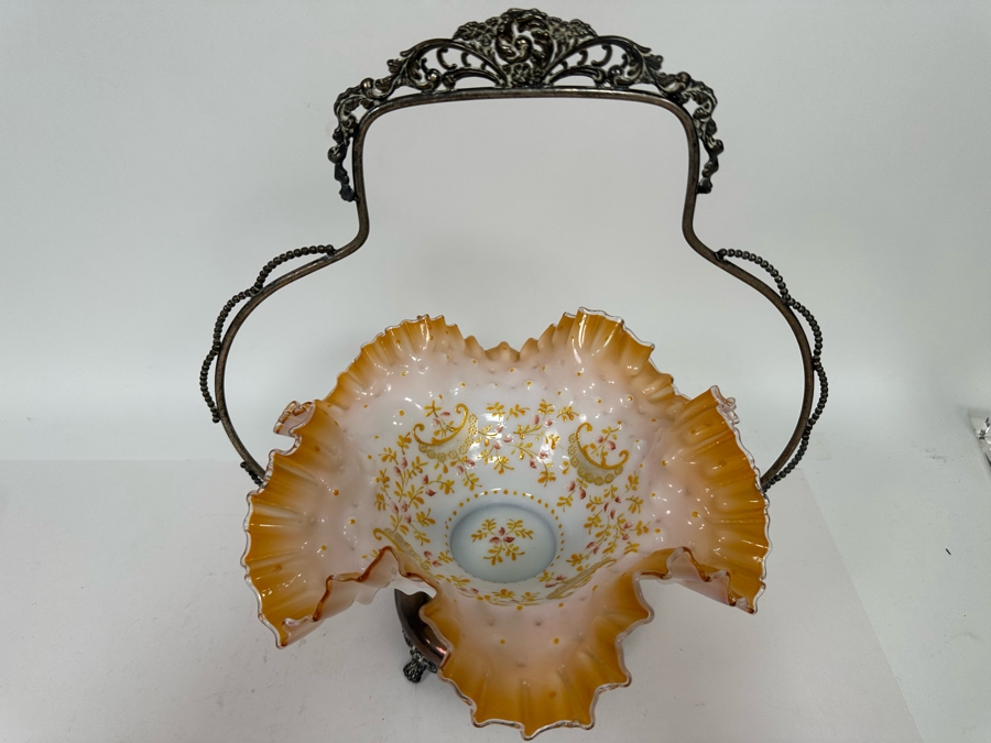 Vintage Victorian Hand Painted Ruffled Glass Bride's Basket With Silverplate Holder 12W X 14H [Photo 4]