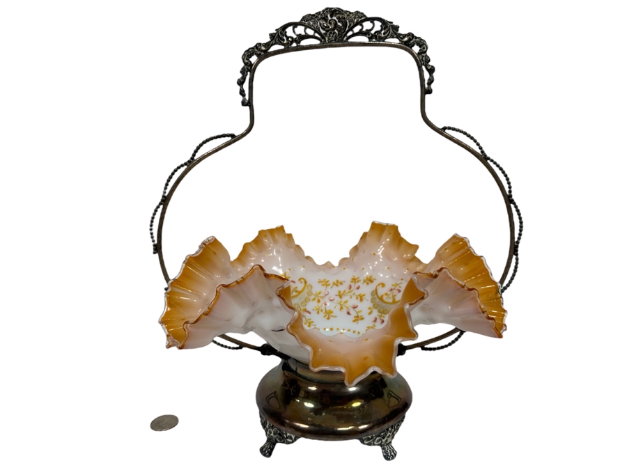Vintage Victorian Hand Painted Ruffled Glass Bride's Basket With Silverplate Holder 12W X 14H