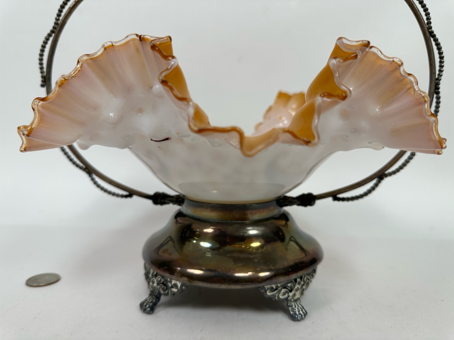 Vintage Victorian Hand Painted Ruffled Glass Bride's Basket With Silverplate Holder 12W X 14H [Photo 10]