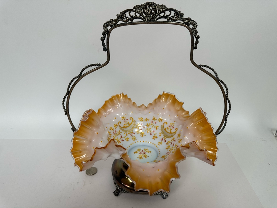 Vintage Victorian Hand Painted Ruffled Glass Bride's Basket With Silverplate Holder 12W X 14H [Photo 3]